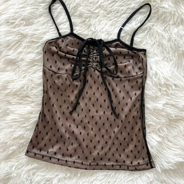 [BUNJANG] Polka Dot Ribbon Sleeveless Top / 스판 도트 리본 갸루 슬리브리스 나시 (착샷o)