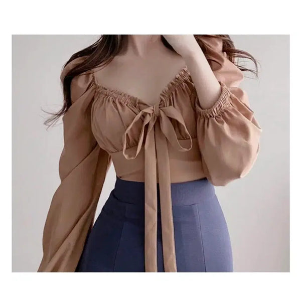 [BUNJANG] Shimmering Open Shoulder Blouse / 교환 셔링 오픈숄더 (하객룩 돌잔치 미시룩 오피스룩  격식 면접