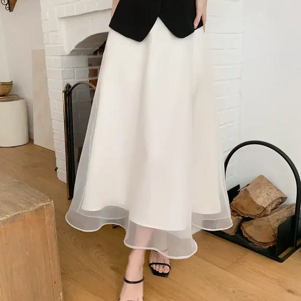[BUNJANG] Sheer Chiffon Flare Long Skirt with Back Elastic Waistband / 원가7 [허리뒷밴딩] 노방쉬폰 플레어 롱 스커트 하객룩 데이트룩
