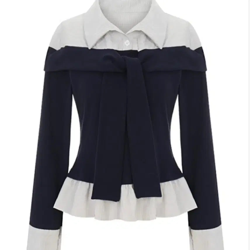 [BUNJANG] T-View Off-Shoulder Ribbon Tie Layered Shirt Color Block Blouse / 티뷰 오프숄더 리본 타이 레이어드 셔츠 배색 블라우스