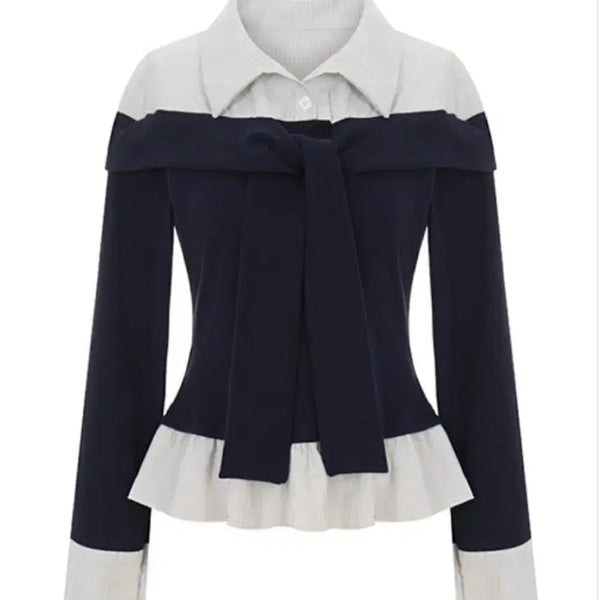 [BUNJANG] T-View Off-Shoulder Ribbon Tie Layered Shirt Color Block Blouse / 티뷰 오프숄더 리본 타이 레이어드 셔츠 배색 블라우스
