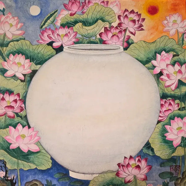 [BUNJANG] Ga Won Kim Min Seo 'Ilwolyeonhwa' Moon Jar Celadon Porcelain Folk Painting Framed Art / 일월연화 달항아리 민화 그림 액자