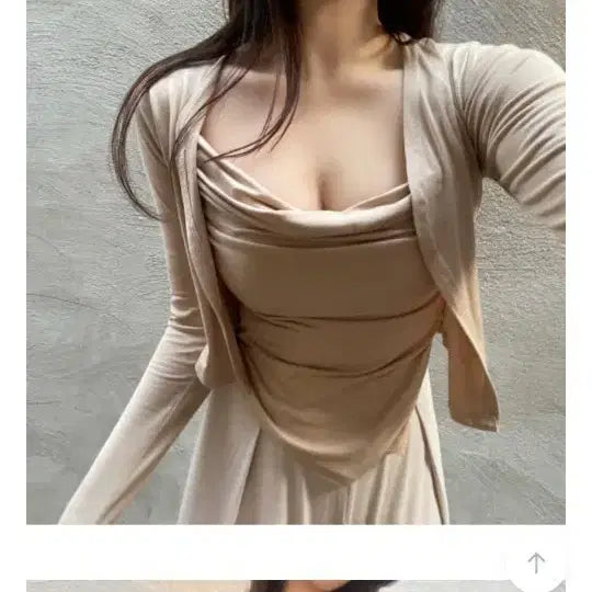 [BUNJANG] Shirring Camisole Cardigan Set Beige / 교환 셔링 나시 가디건 셋업 (하객룩 미시룩 오피스 파티룩 휴양지 원피스