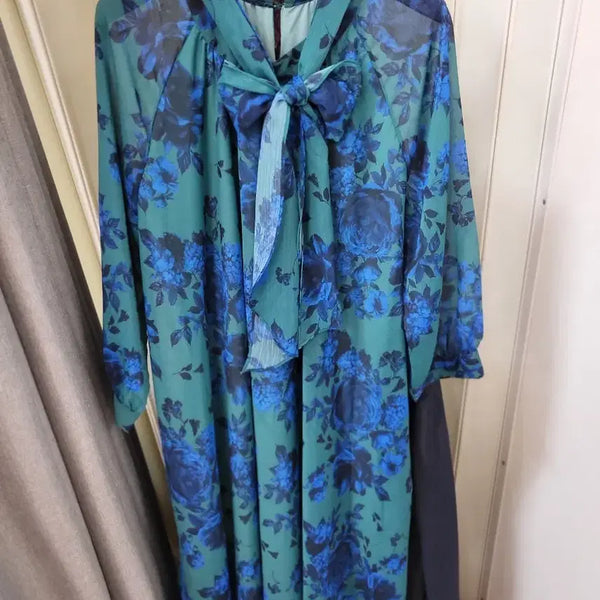 [BUNJANG] Patterned Chiffon Ribbon Dress / 패턴 쉬폰 리본 원피스