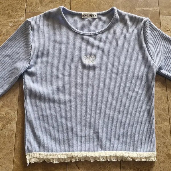 [BUNJANG] Sky Blue Ribbed Long-Sleeve Knit Top with Lace Detail / 하늘색 골지 긴팔 니트 레이스 포인트