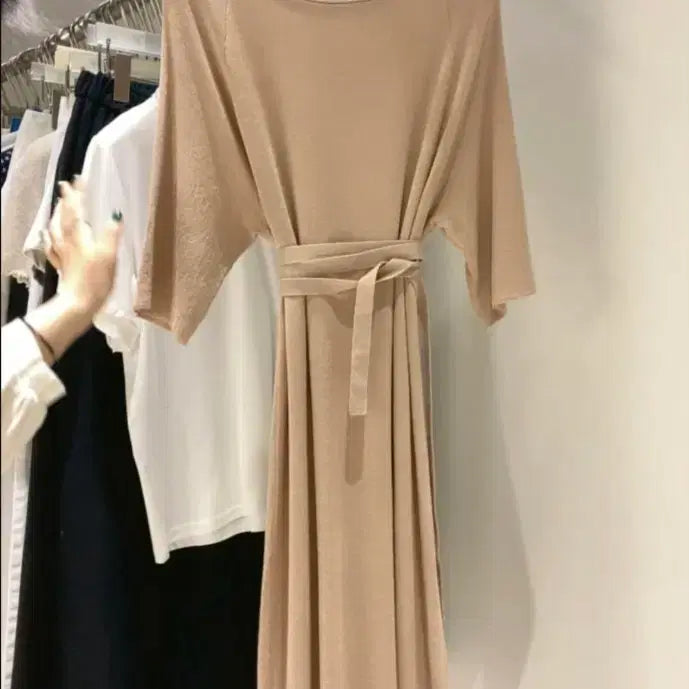 [BUNJANG] Beige Knit Belted Dress / [새상품] 베이지 니트 벨트 원피스