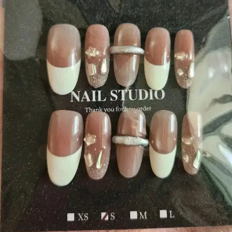 [BUNJANG] Beige Glitter Stone French Nail Tips / [S]*"네일팁"*