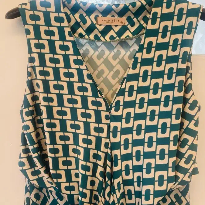 [BUNJANG] Teal Geometric Print Sleeveless Long Dress / 청록색 기하학 패턴 민소매 롱 원피스