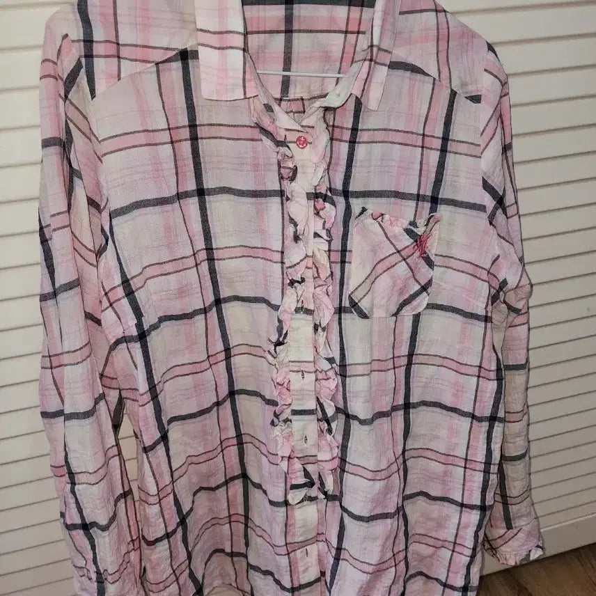 [BUNJANG] Vintage Pink Check Frill Shirt / 빈티지 구제 핑크 체크 프릴 셔츠