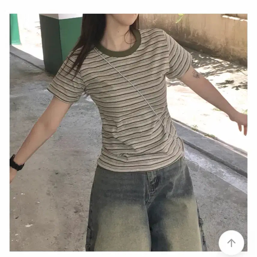 [BUNJANG] Color-Block Striped Short-Sleeve T-Shirt / 배색 단카라 스트라이프 반팔티