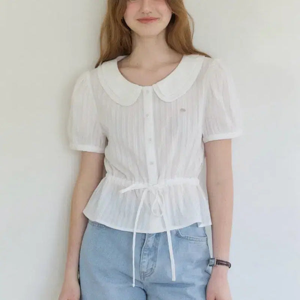 [BUNJANG] OURHOPE Double Collar Waist-String Blouse White Short Sleeve Button / 새상품) 아워호프 더블 카라 웨이스트 스트링 블라우스 화이트 반팔 버튼