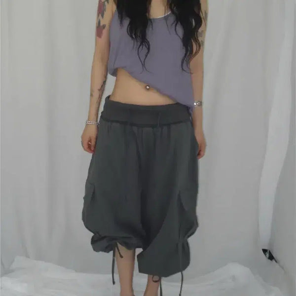 [BUNJANG] Band Folding Bermuda Cargo 7-Part Pants Charcoal Gray Balloon Pants / 밴드폴딩 버뮤다 카고 7부 팬츠 차콜그레이 벌룬 바지