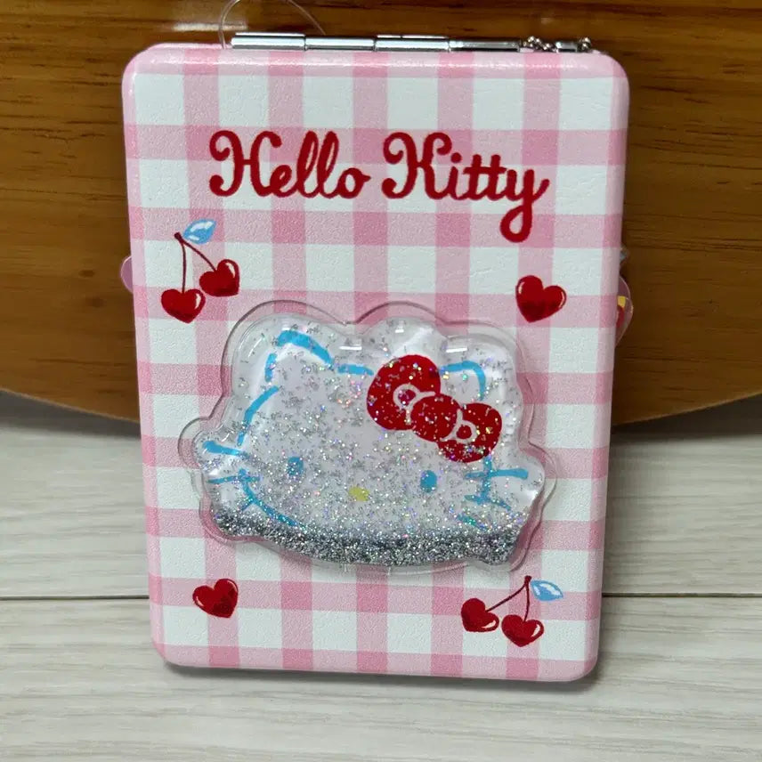 [BUNJANG] Hello Kitty Water Glitter Cherry Charm Hand Mirror / 헬로키티 물 글리터 체크 체리 손거울