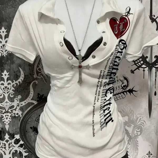 [BUNJANG] Vintage Punk Goth Fitted T-Shirt / 빈티지 펑크 고스 카라 딱붙 티셔츠 Y2K 갸루 팝걸빈티지