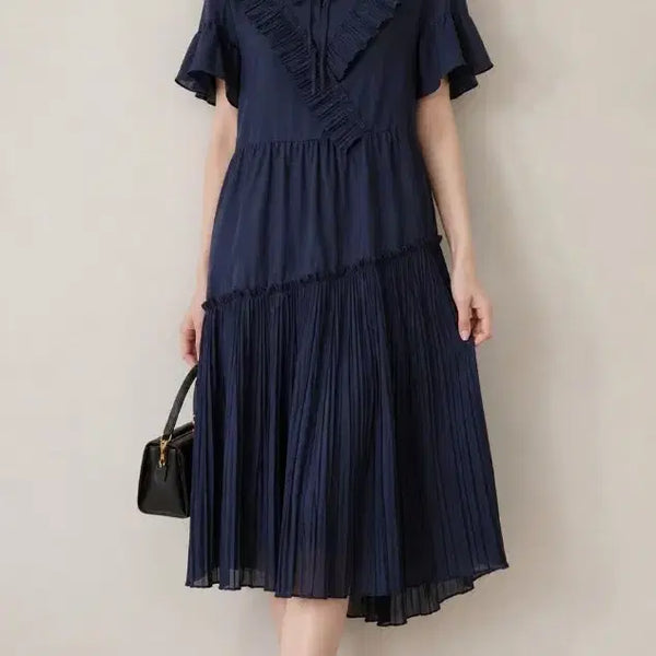 [BUNJANG] SJSJ Navy Frill Pleats Dress Size 55 / 한섬)SJSJ 네이비 프릴 플리츠 원피스 55