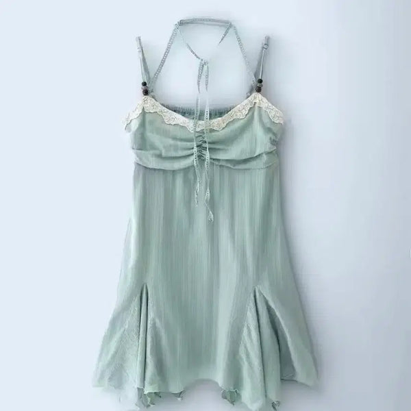 [BUNJANG] Mint Lace Strap Sleeveless Mini Dress / 급처 민트색 레이스 끈 민소매 원피스