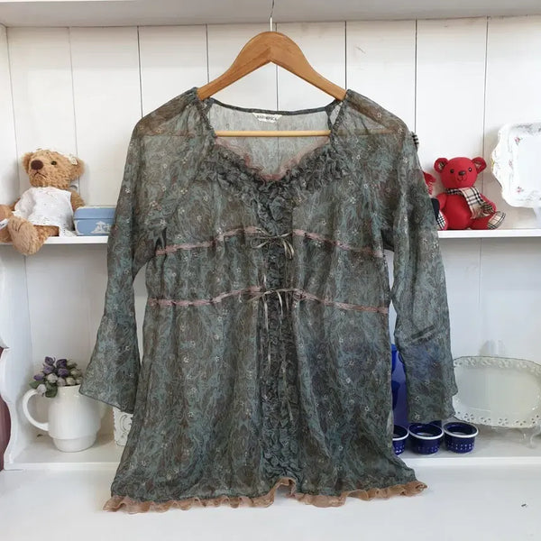 [BUNJANG] Harmonica Dark Matcha Flower Long Tunic Blouse / 다크 말차 플라워 롱 튜닉 블라우스