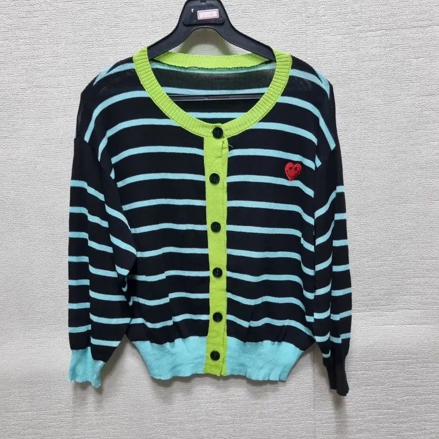 [BUNJANG] Striped Knit Cardigan with Heart Embroidery / z094 니트 가디건