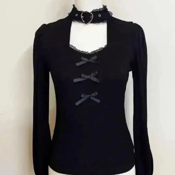 [BUNJANG] Mazz Black Heart Choker Buckle Knit Blouse / 마즈 블랙 하트초커버클 니트 블라우스 리즈리사시크릿허니노에미로지타지뢰계