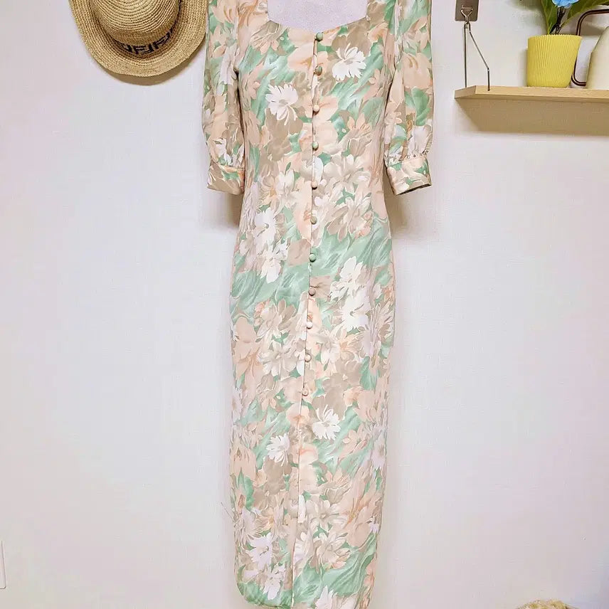 [BUNJANG] Elegant Watercolor Print Front Button Long Dress / 고상한수채화 앞단추 롱원피스 55 스퀘어넥 피치