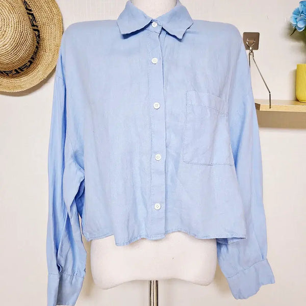 [BUNJANG] ZARA 100% Linen Cropped Shirt Blue / 자라 린넨100% 66~88 크롭 마셔츠 블루