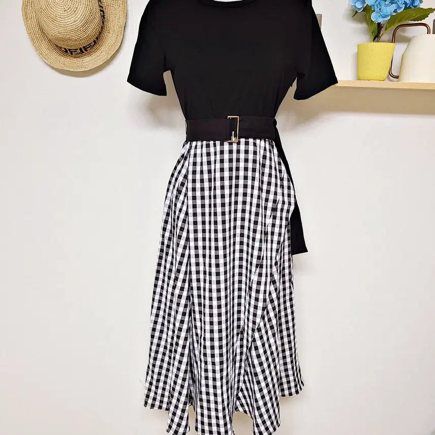 [BUNJANG] MISENSCE Gingham Check Docking Flare Long Dress Black / 미센스 깅엄체크 도킹플레어 롱원피스 55 블랙