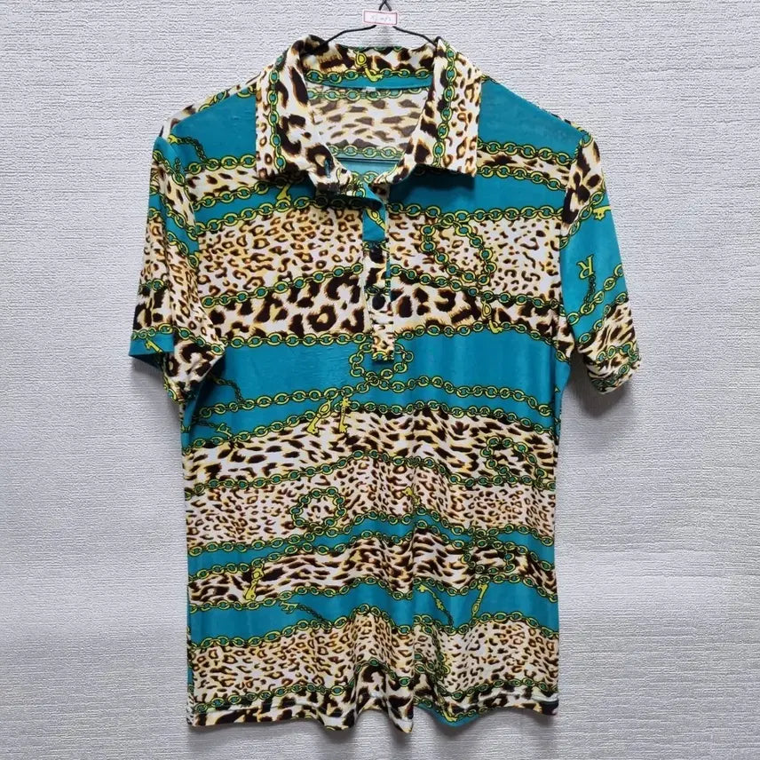 [BUNJANG] Leopard Chain Print Short Sleeve Polo T-Shirt / 자082 반팔 카라티셔츠
