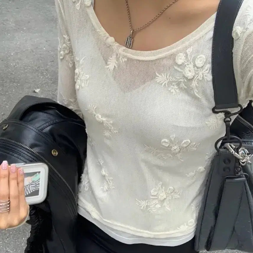 [BUNJANG] Layered See-through Flower Inner Long Sleeve T-Shirt / 새상품 레이어드 시스루 플라워 이너티 긴팔티