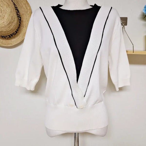 [BUNJANG] ANIEBEEF Two-Tone Round Summer Knit Ivory / 아니베에프 투톤라운드 여름니트 55 66 아이보리
