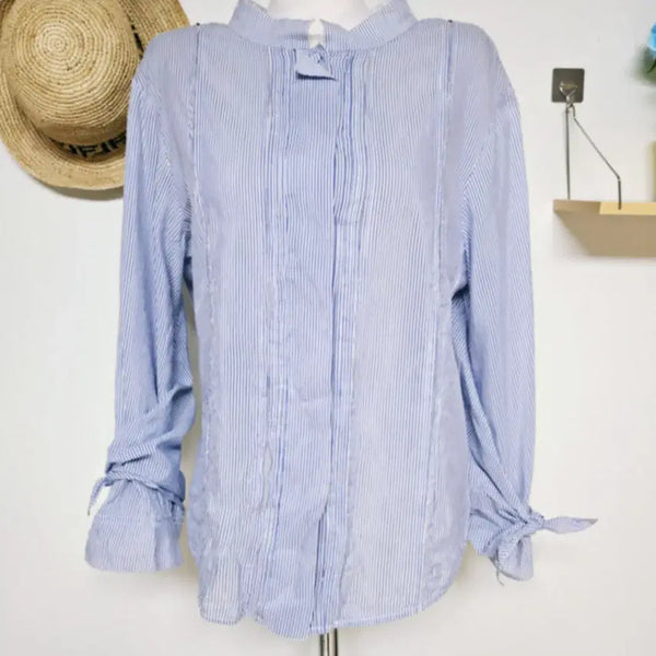 [BUNJANG] KUHO Vertical Pintuck Tie Shirt - Stripe Blue / KUHO 버티컬 핀턱타이 셔츠 55 스트라이프블루