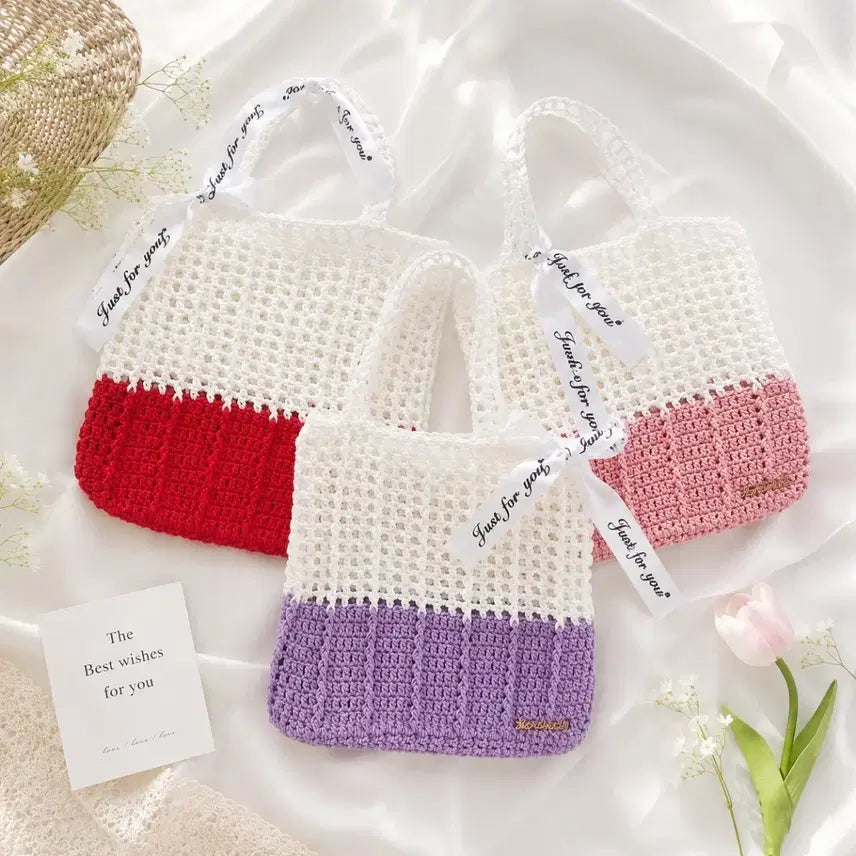 [BUNJANG] Handmade Knitted Two-Tone Lovely Mini Tote Bag / 핸드메이드 뜨개 가방  투톤 러블리 미니 토트백