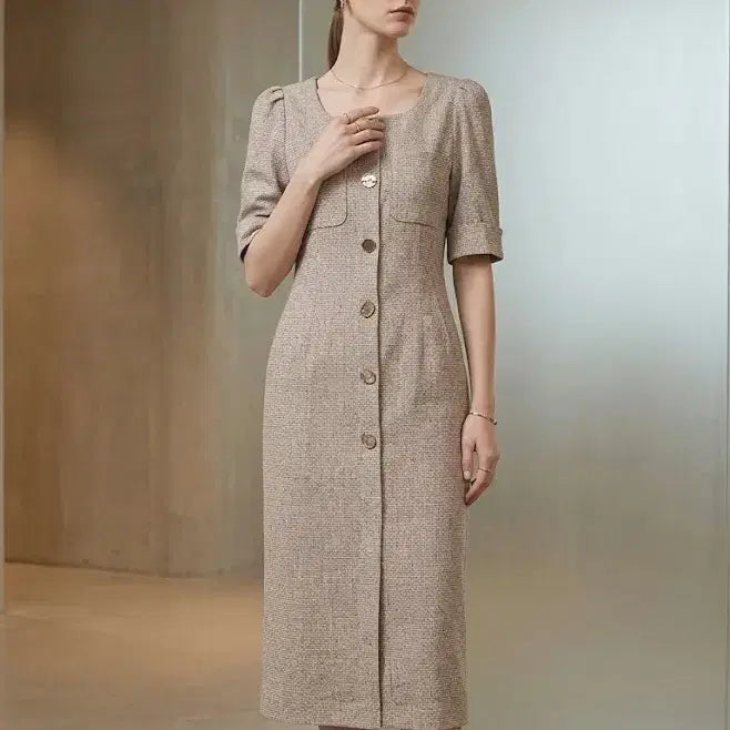 [BUNJANG] JJRO Linen Tweed Hepburn Long Dress Brown / jjro 린넨트위드 햅번롱원피스 66 반팔 브라운