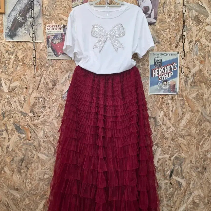 [BUNJANG] Deep Red Mesh Ruffle Banding Long Skirt / 딥레드 망사 캉캉 케이크 밴딩 스커트