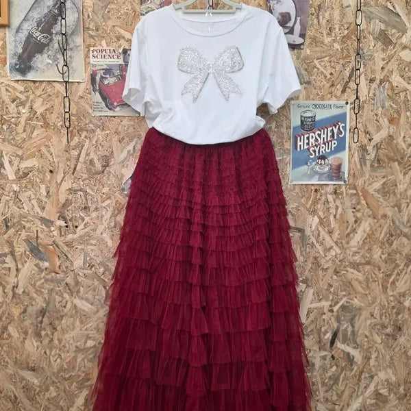 [BUNJANG] Deep Red Mesh Ruffle Banding Long Skirt / 딥레드 망사 캉캉 케이크 밴딩 스커트