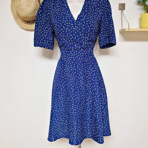 [BUNJANG] Dot Print Midi Dress with Belt / 랩스타일 반팔도트 미디원피스 55 66 블루