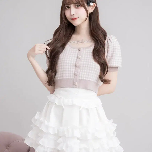 [BUNJANG] Fium Heart Button Gingham Knit Blouse Pink / 피움 하트 버튼 깅엄 니트 블라우스 핑크 양산형 지뢰계 스나계 셋업