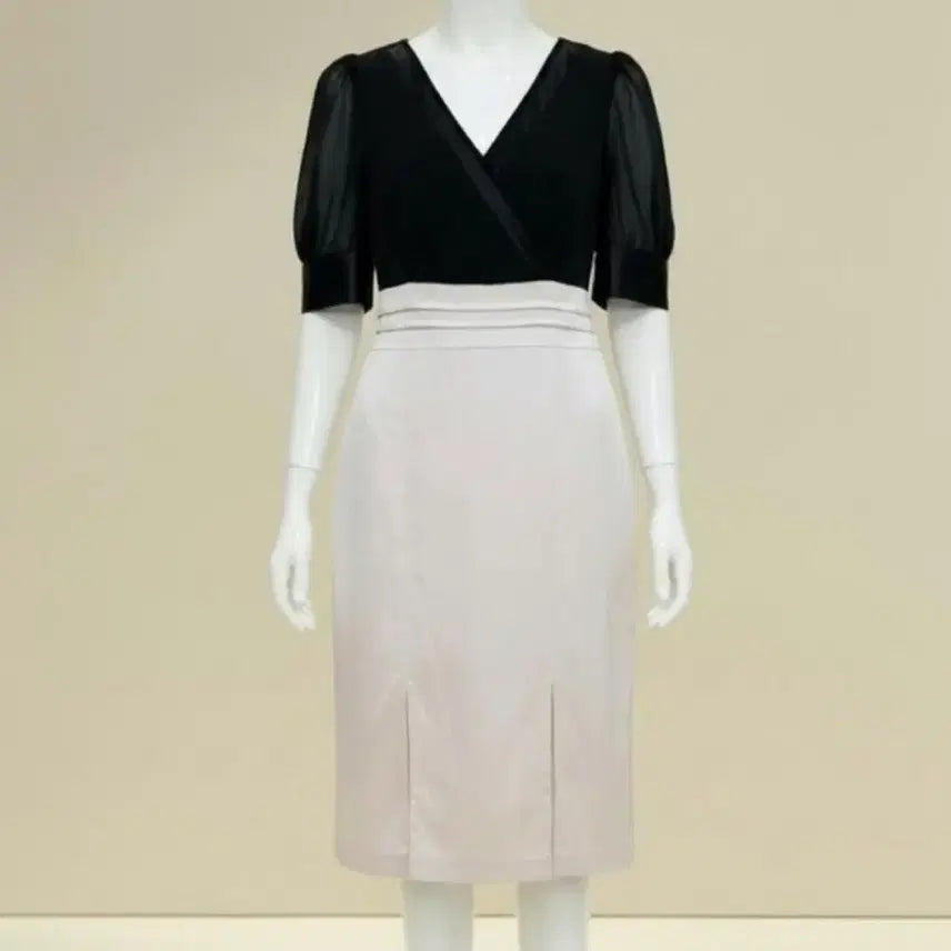 [BUNJANG] Women's Black Chiffon Puff Sleeve Sheer Blouse & Span Skirt Dress / 55 여성 정장 원피스 쉬폰  블랙 스판 여자 스커트 치마 검정 원피스
