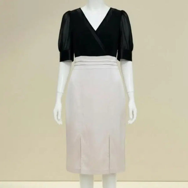 [BUNJANG] Women's Black Chiffon Puff Sleeve Sheer Blouse & Span Skirt Dress / 55 여성 정장 원피스 쉬폰  블랙 스판 여자 스커트 치마 검정 원피스