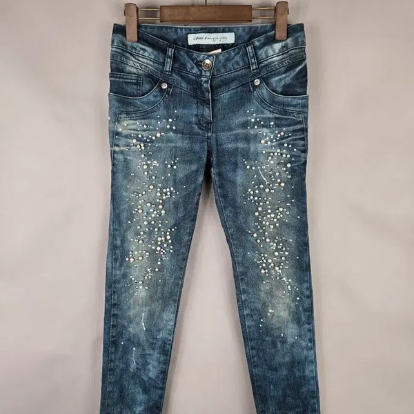[BUNJANG] Obzee Pearl Cubic Embellished Skinny Jeans / [무료배송]한섬 오브제 55 진주 큐빅 장식 스판 스키니 워싱 청바지