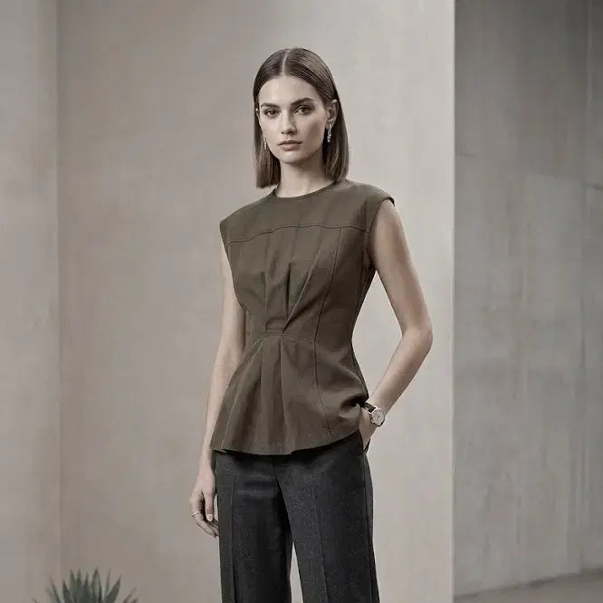 [BUNJANG] Independent Brand Linen Blend Side Drape Sleeveless Top - Khaki Brown / 인디브랜드 마혼방 사이드드레이프 나시 55 66 카키브라운