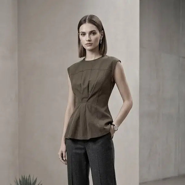 [BUNJANG] Independent Brand Linen Blend Side Drape Sleeveless Top - Khaki Brown / 인디브랜드 마혼방 사이드드레이프 나시 55 66 카키브라운