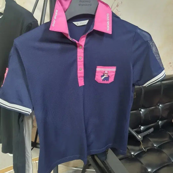 [BUNJANG] Love Golf Sports Women's Short-Sleeve Polo Shirt - Navy/Pink, Size S / 러브 골프 스포츠 여성A급  카라티 네이비 핑크 S
