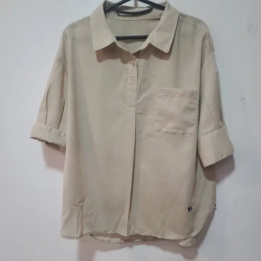 [BUNJANG] Beige Linen Blend 7-Sleeve Shirt (Size 55) / 베이지 린넨 혼방 7부 셔츠 (55)
