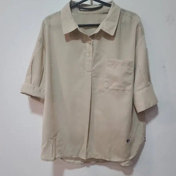 [BUNJANG] Beige Linen Blend 7-Sleeve Shirt (Size 55) / 베이지 린넨 혼방 7부 셔츠 (55)