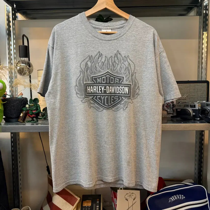 [BUNJANG] 2000s Harley Davidson USA Fire Flame Detroit T-Shirt / 00S 할리 데이비슨 USA 파이어 플레임 디트로이트 L 티셔츠