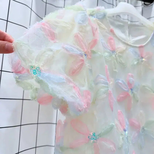 [BUNJANG] 3D Floral Sequin Balloon Puff Blouse / 입체꽃 스팽글 벌룬퍼프 블라우스