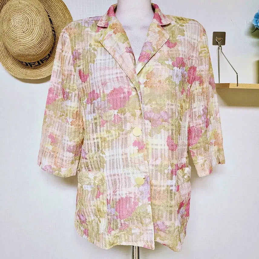[BUNJANG] Chiffon Blazer Jacket - Pink Yellow (Size 55-88) / 55~날씬88 어머님옷 오계절 오간자자켓 핑크옐로우