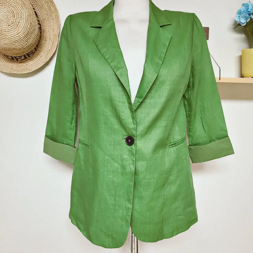 [BUNJANG] 100% Linen Collar Roll-up Jacket / 린넨100% 카라 롤업 마자켓 55 66 그린