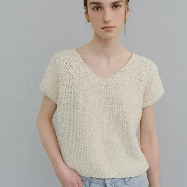 [BUNJANG] URAGO Cap Sleeve V-Neck Knit / 유라고 캡 슬리브 브이넥 니트