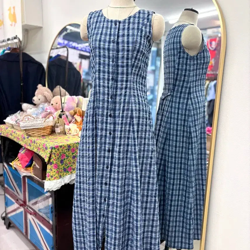[BUNJANG] Otto Blue Check Maxi Sleeveless Long Dress M / otto 블루 체크 맥시 민소매 롱 원피스 M JPN